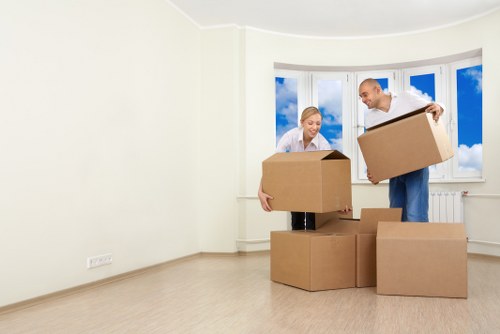 Mover handling boxed items carefully during a relocation task
